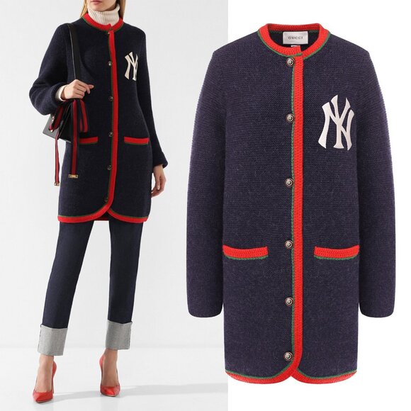 GUCCI CARDIGAN LONG SWEATER NY YANKEES LOGO PATCH WOOL ALPACA sz S SMALL - Picture 1 of 16
